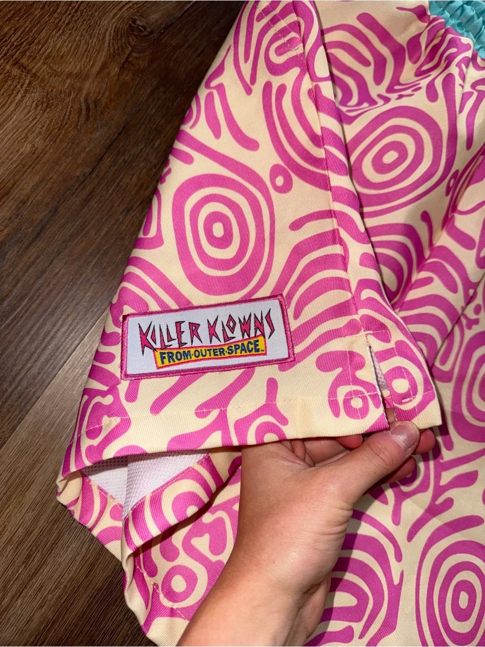 Killer Klowns Pink Swirl Swim Shorts with Aqua Waistband